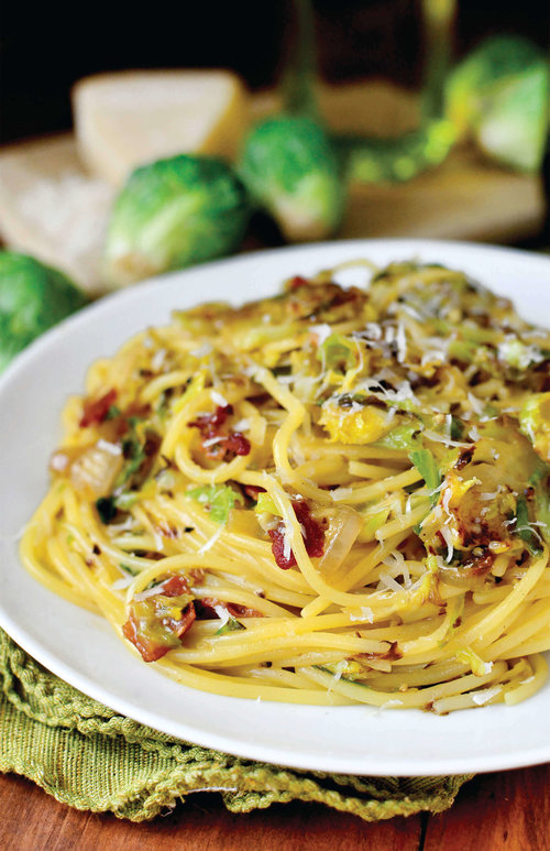 Bacon and Brussels Sprouts Spaghetti Carbonara
