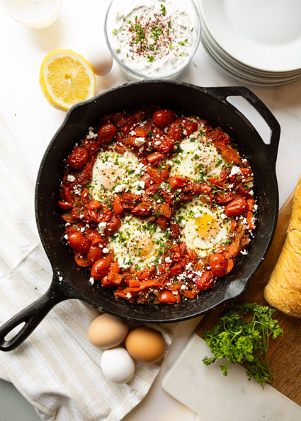 Za’atar Baked Egg Skillet with Cucumber and Herb Sour Cream